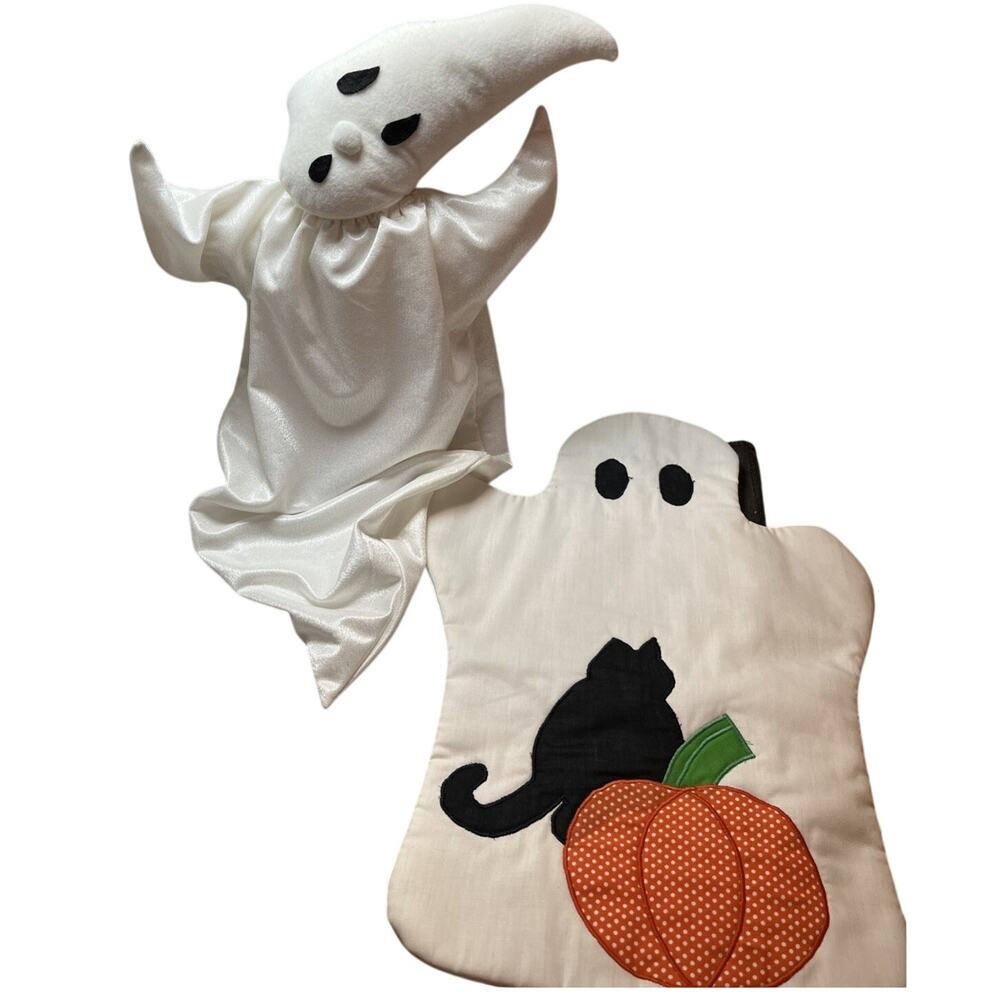 Halloween Ghost Decor Set Black Cat Pumpkin Crescent Moon Handmade Folk Art
